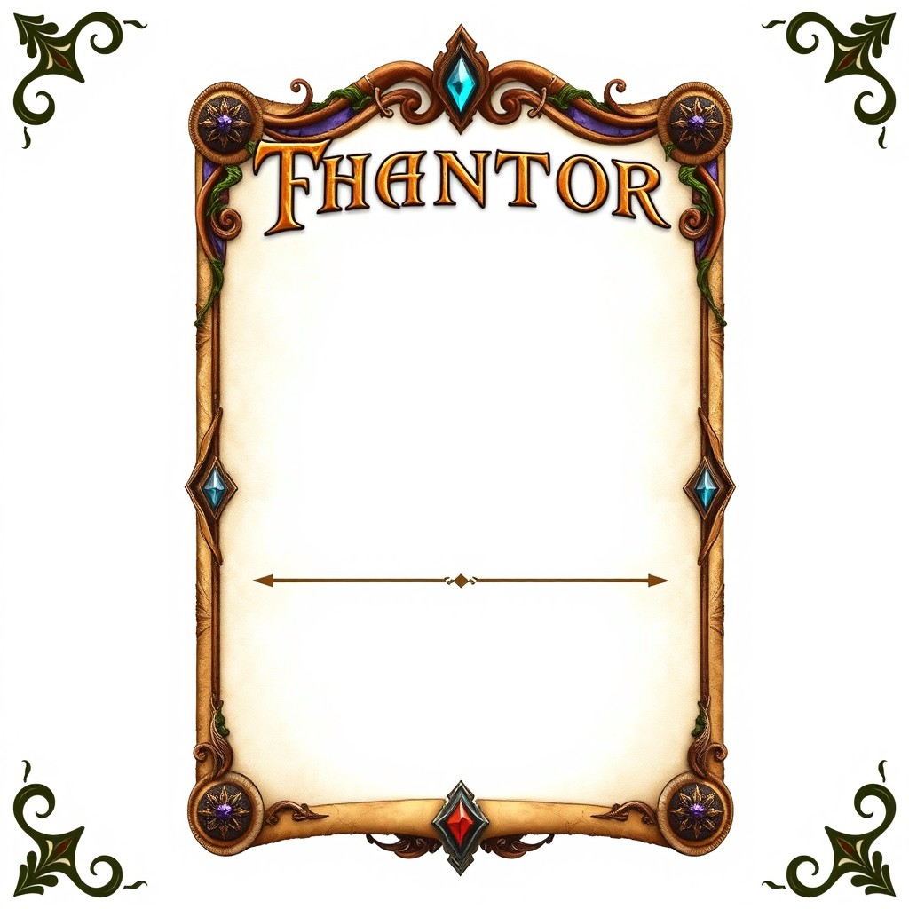 A blank fantasy trading card template, designed with an enchanting and mystical aesthetic