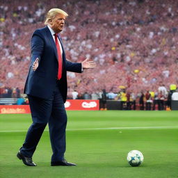 Donald Trump in a FC Barcelona uniform striking a football on a crowded stadium pitch