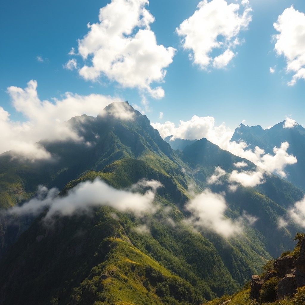A breathtaking mountainous landscape showcasing the primitive qualities of air, characterized by a warm and humid atmosphere