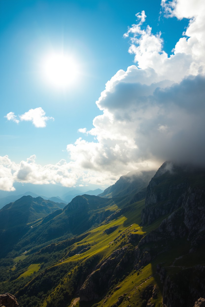 A breathtaking high mountainous landscape, showcasing the primitive qualities of air as warm and humid