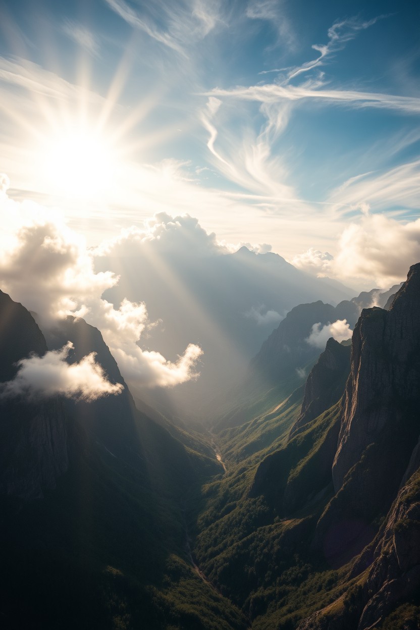 An epic and cinematic high-altitude mountain landscape, illustrating the primitive qualities of air as warm and humid