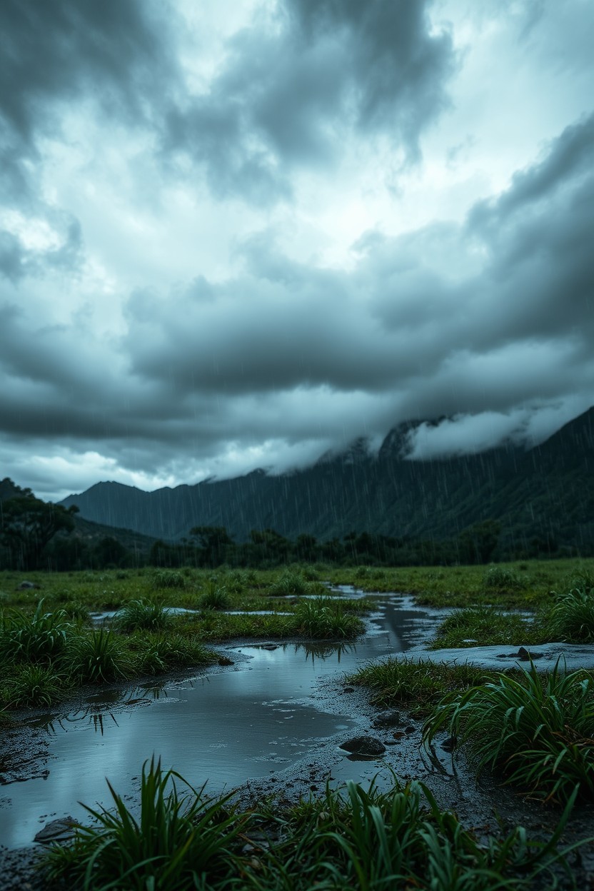 An epic and cinematic scene depicting the primitive qualities of air as cold and humid