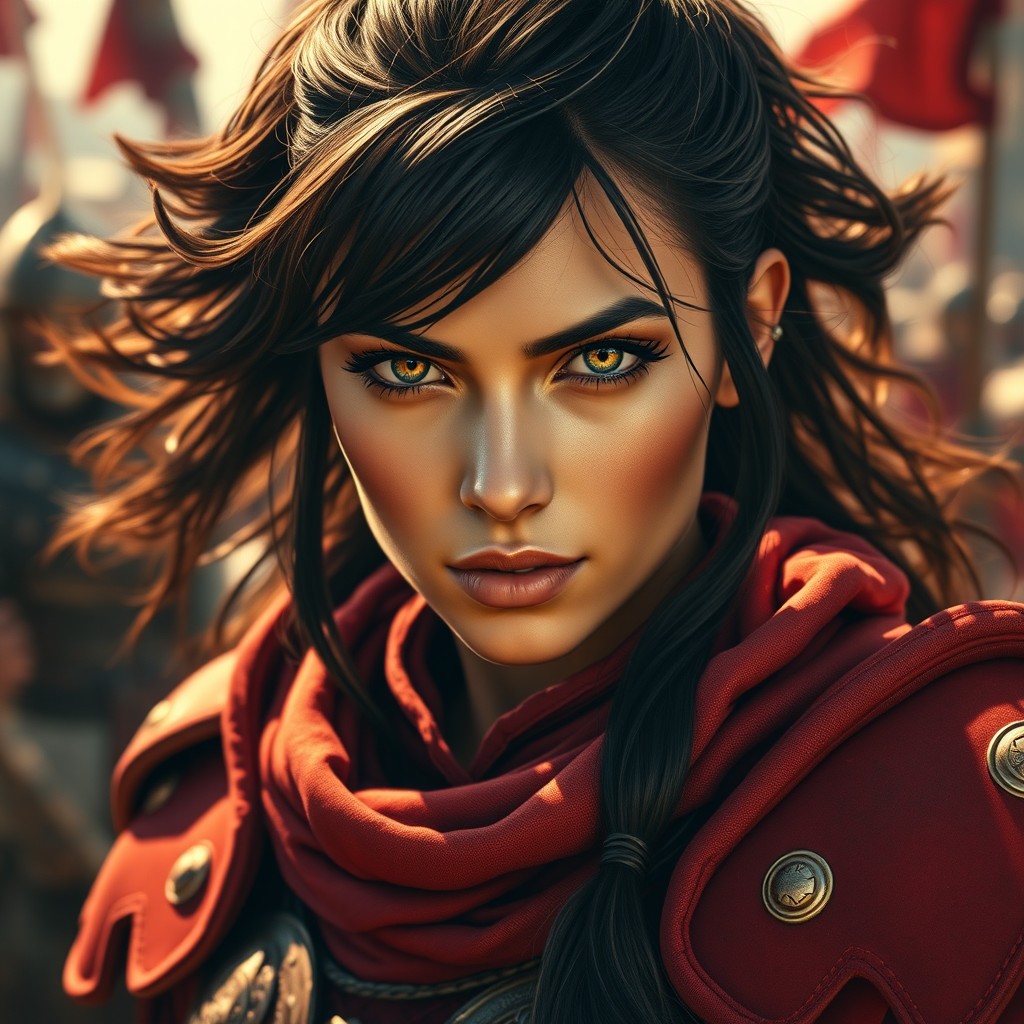 A beautiful warrior with dark brown hair, wearing striking red armor accented with golden tones