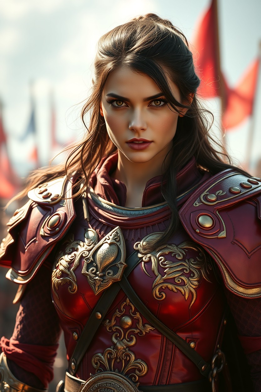 A beautiful warrior with dark brown hair, adorned in stunning red armor featuring golden tones