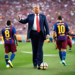 Donald Trump in a FC Barcelona uniform striking a football on a crowded stadium pitch