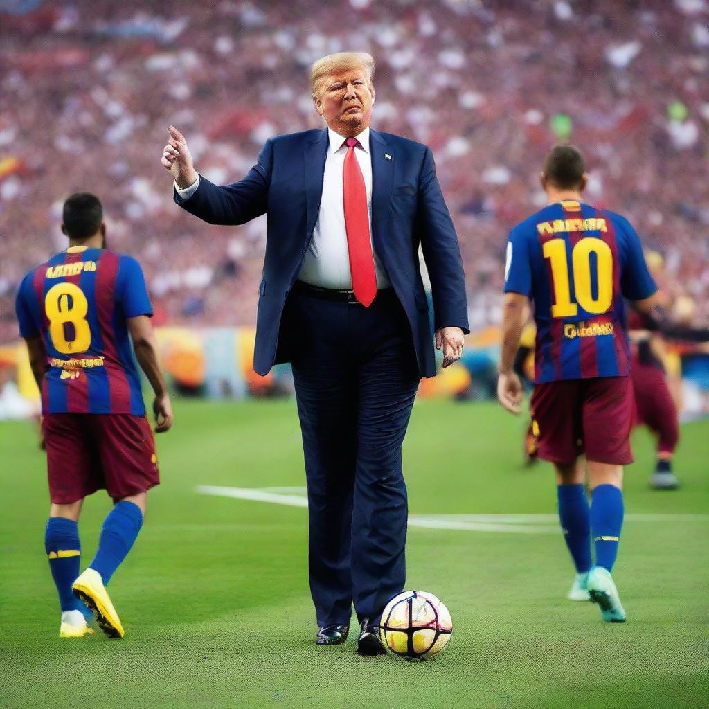 Donald Trump in a FC Barcelona uniform striking a football on a crowded stadium pitch