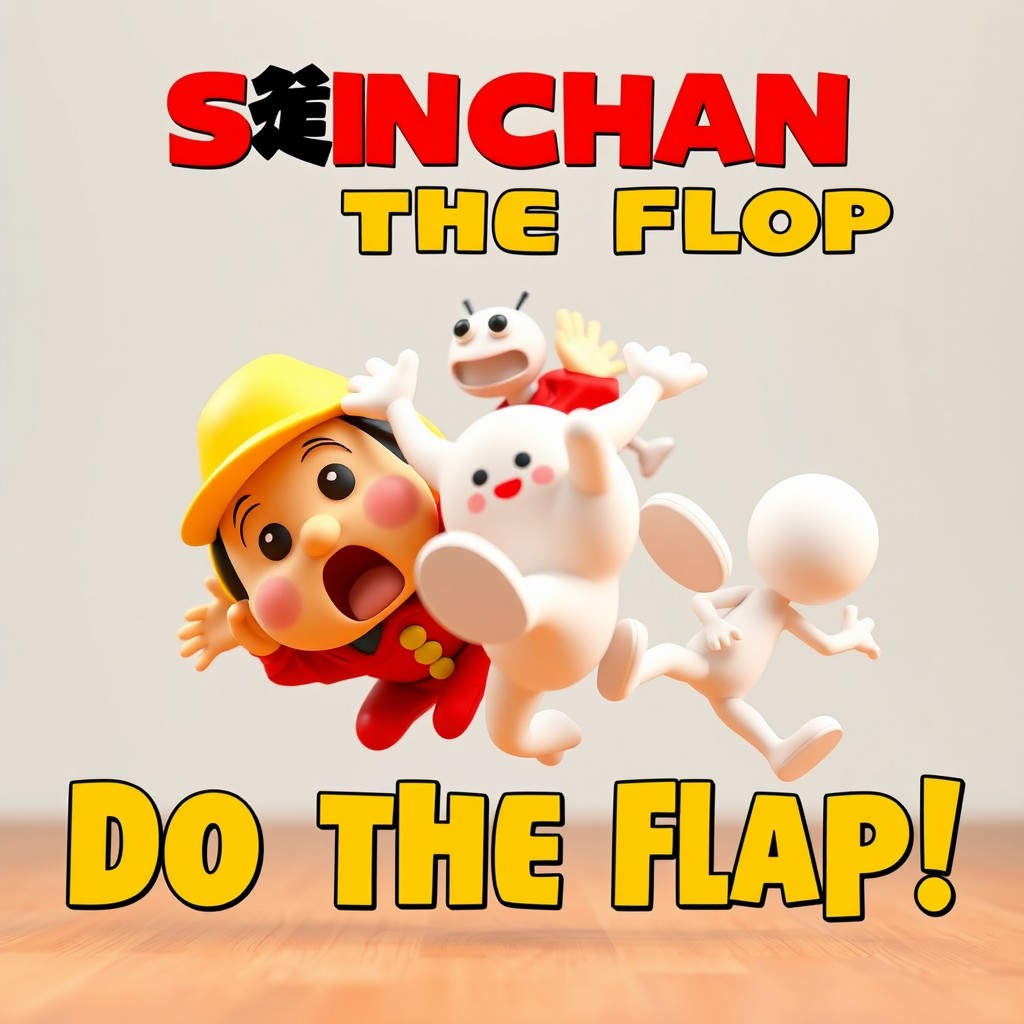 An ultra-detailed 2D render for a YouTube thumbnail featuring Shinchan wearing a red shirt and a yellow hat, a Labubu toy figure, and a white stickman character