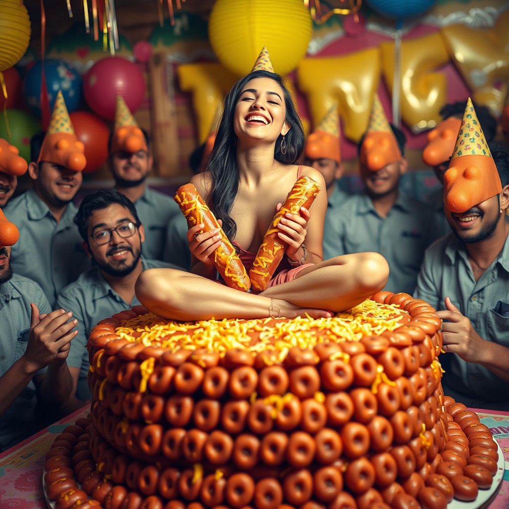 A spirited scene at a festive birthday party, featuring a hot Latina woman, 18 years old, sitting criss-cross on top of a large cake made entirely of cheesy kielbasas
