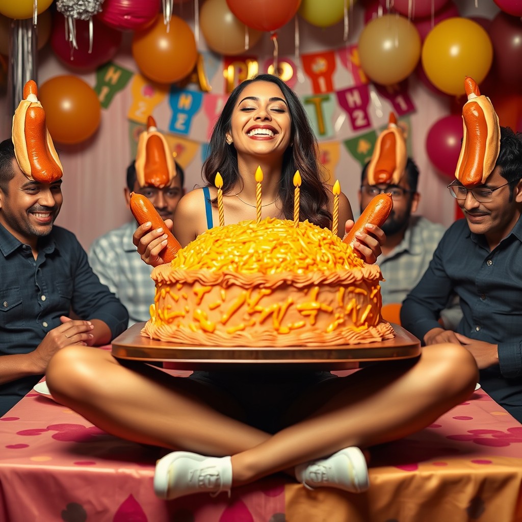 A vibrant birthday party scene featuring a smiling Latina woman sitting cross-legged on a table