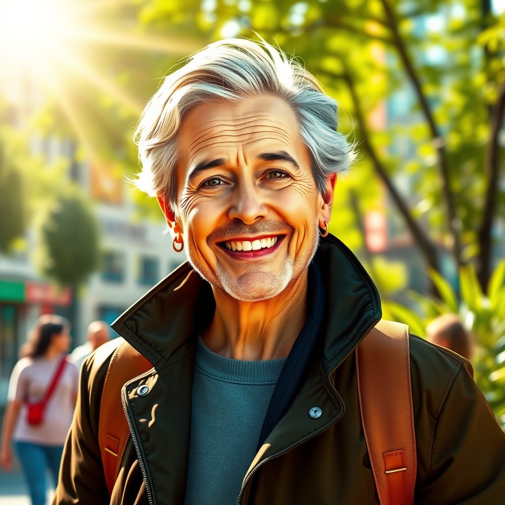 A vibrant and dynamic digital artwork depicting a middle-aged person, rejuvenated to look 25 years younger