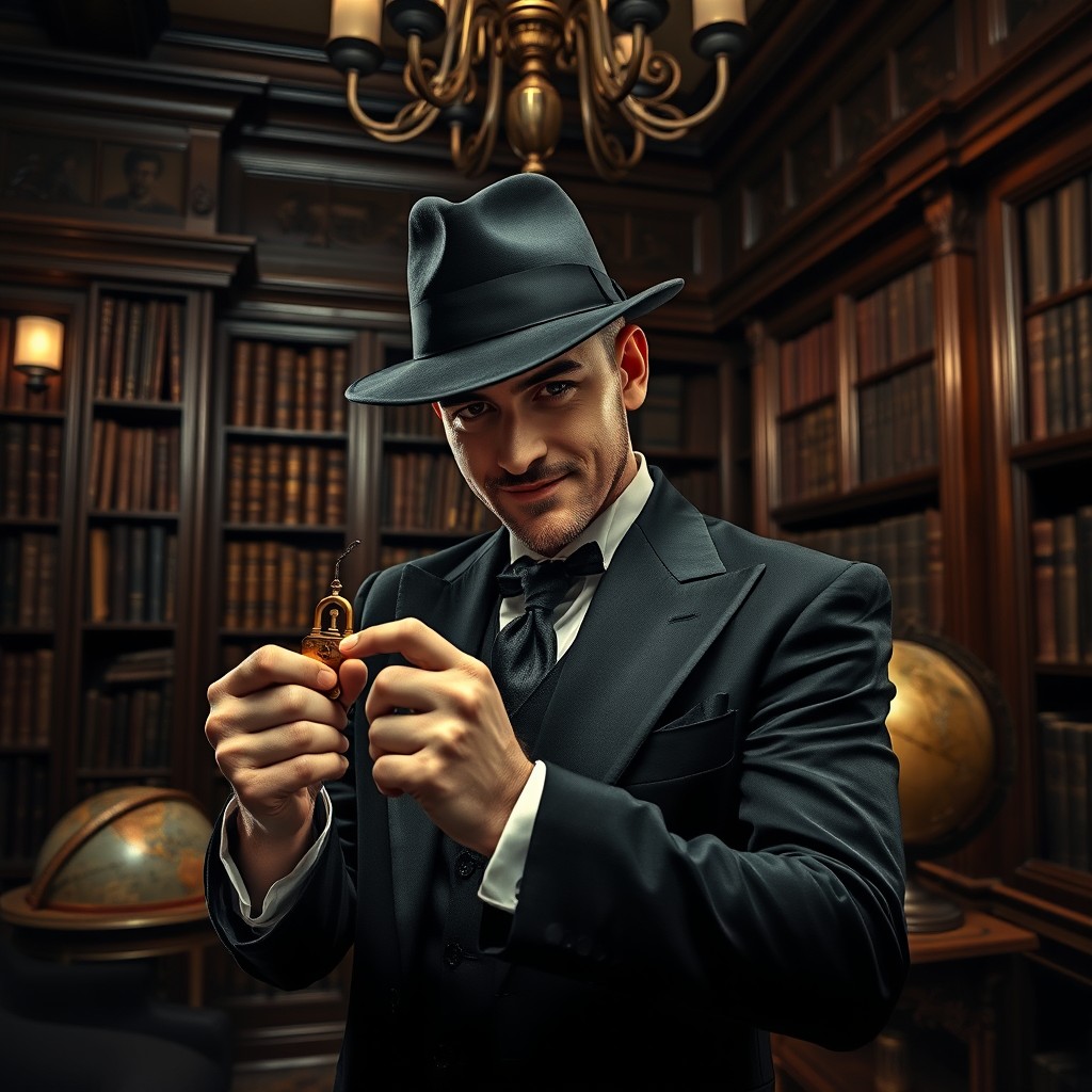 A suave gentleman thief in a classic noir setting, dressed in a tailored black suit with a stylish fedora, expertly wielding a vintage brass lockpick in an elegant, dimly lit Victorian library filled with leather-bound books, intricate wooden shelves, and a large globe