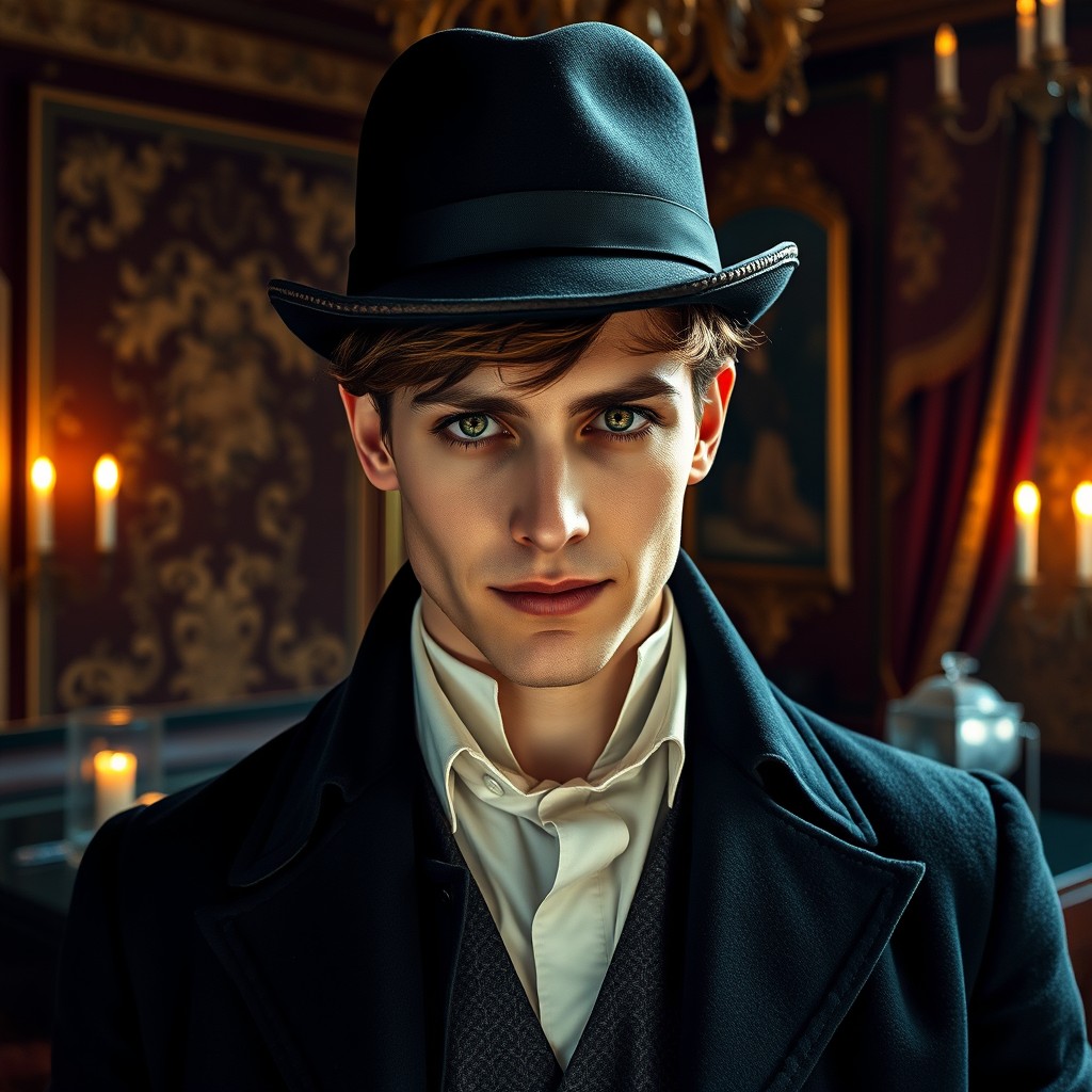 A 23-year-old gentleman thief from the 1850s, characterized by striking green eyes and stylish brown hair peeking out from under a classic derby hat