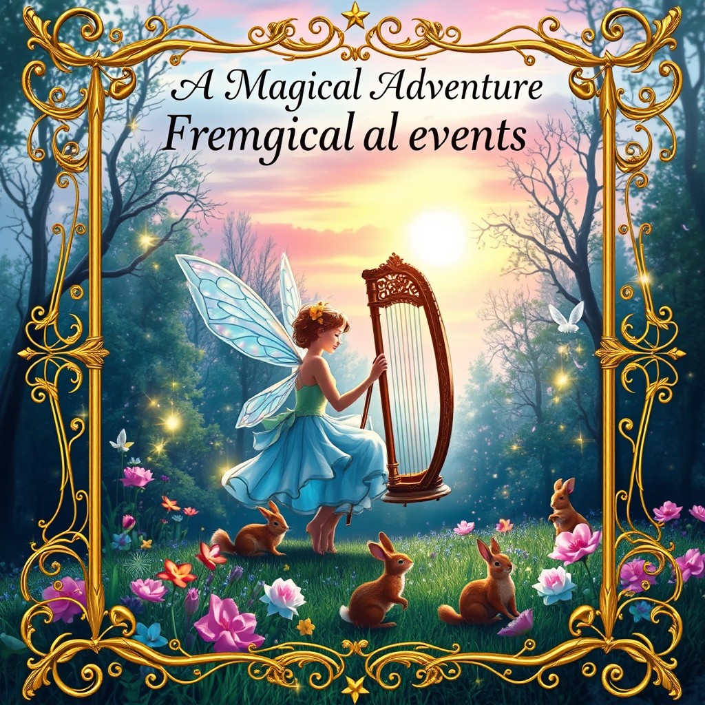An enchanting fairy tale book cover featuring a mystical forest with twinkling lights and vibrant flowers