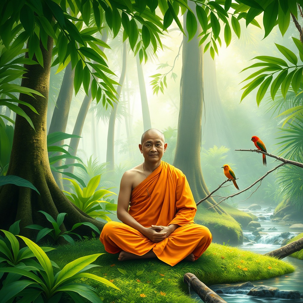A serene monk sitting cross-legged in the lush green jungle, surrounded by tall trees and vibrant foliage