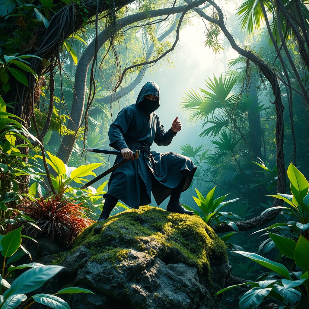 A stealthy ninja clad in traditional black attire, expertly blending into a lush, vibrant jungle environment