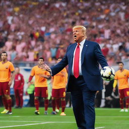 Donald Trump in a FC Barcelona uniform striking a football on a crowded stadium pitch