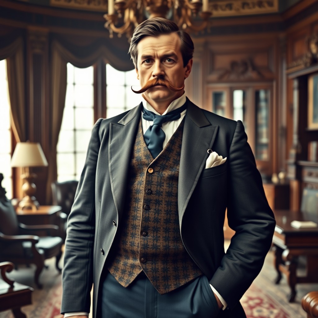 An imposing 1850's bank tycoon with a handlebar mustache
