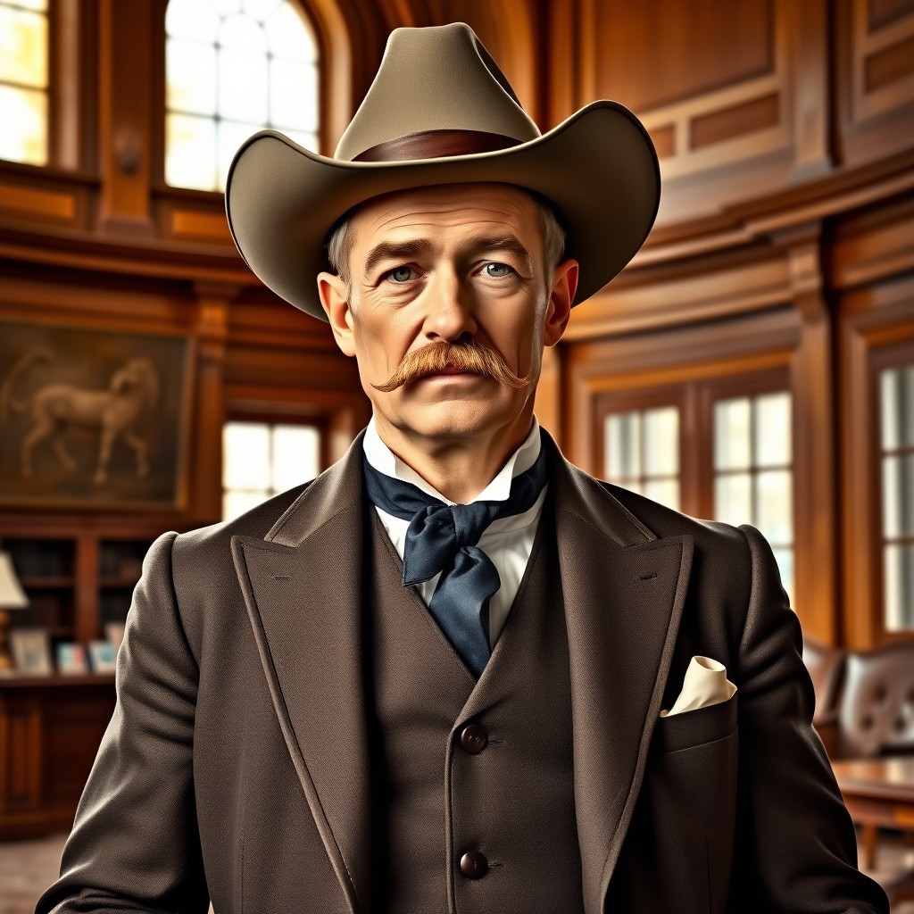 An influential 1850's bank tycoon sporting a small handlebar mustache and wearing a stylish cowboy hat