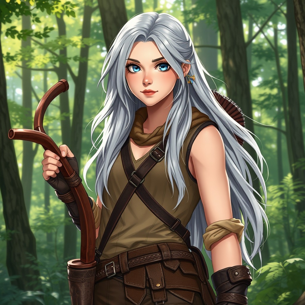 A 19-year-old female adventurer with long, flowing silver hair and striking silver eyes
