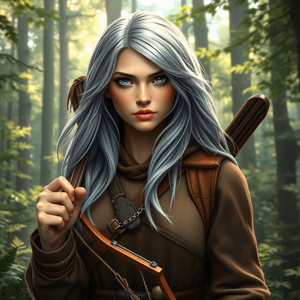 A realistic portrayal of a 19-year-old female with long, flowing silver hair and captivating silver eyes