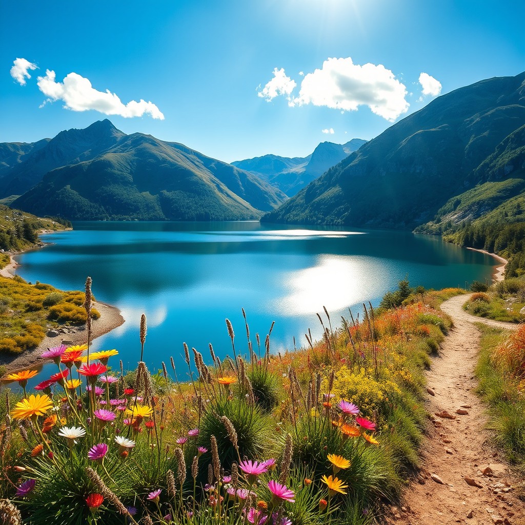 A stunning landscape showcasing the beauty of nature, featuring a serene lake surrounded by lush green mountains under a clear blue sky