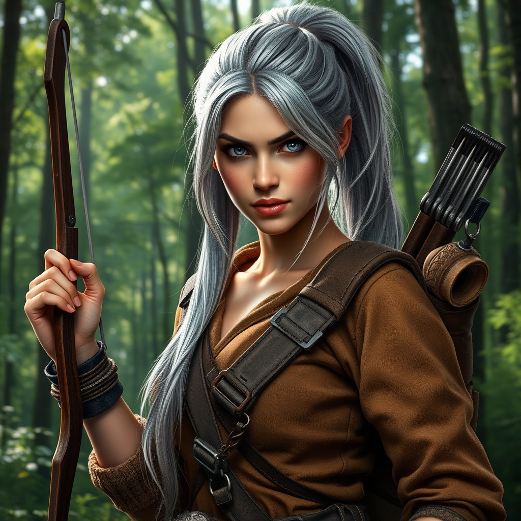 A realistic portrayal of a 19-year-old female with long silver hair tied in a ponytail, showcasing her striking silver eyes
