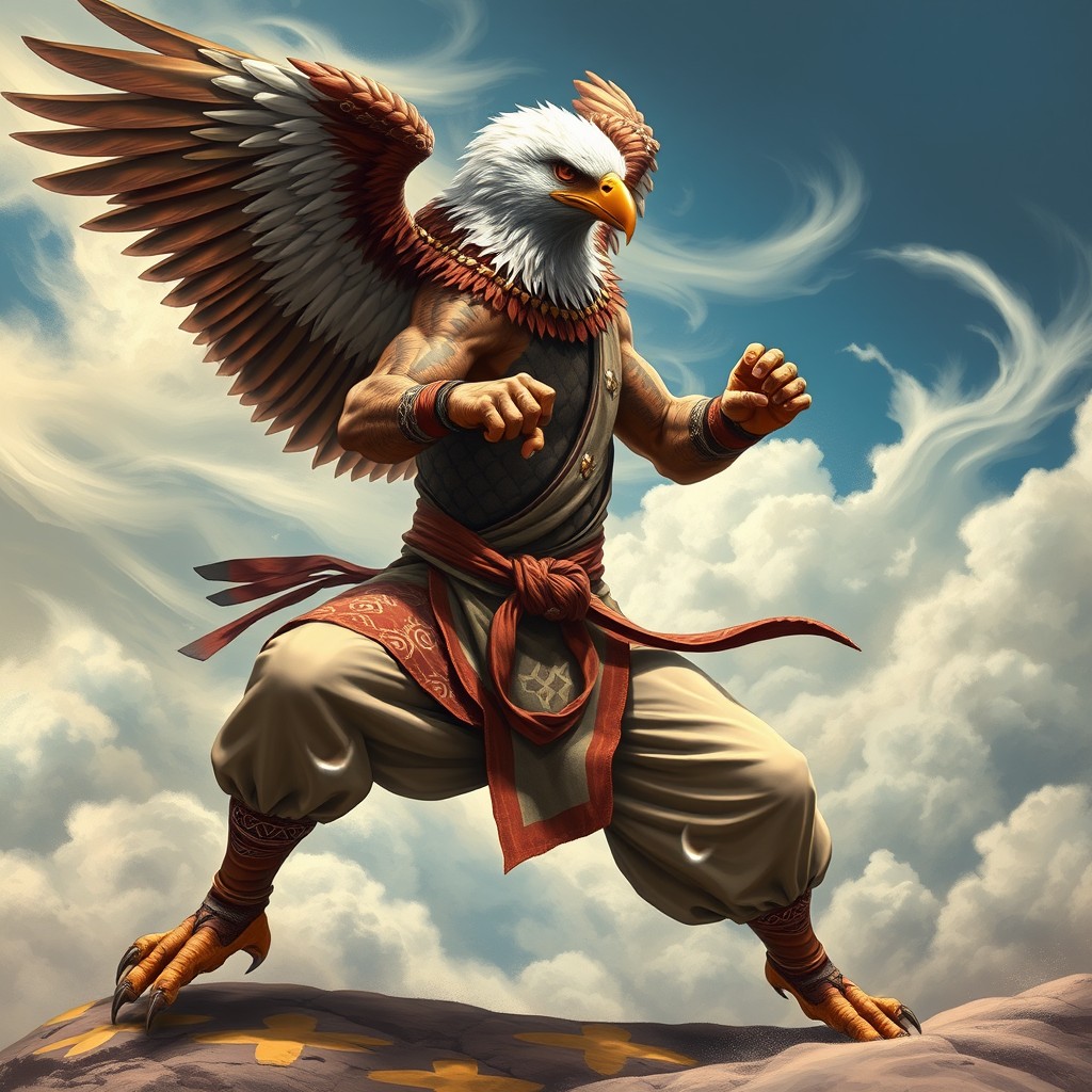 An aarakocra monk with the head of an American bald eagle, displaying a powerful fighting stance