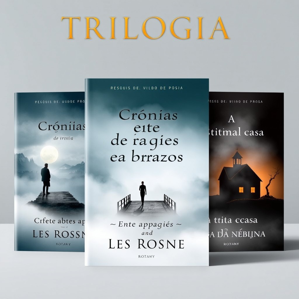 A visually striking book cover design for a trilogy titled 'Trilogia: 3 dedos de prosa com Lés Rosane', showcasing three cohesive book covers that visually connect them as a series