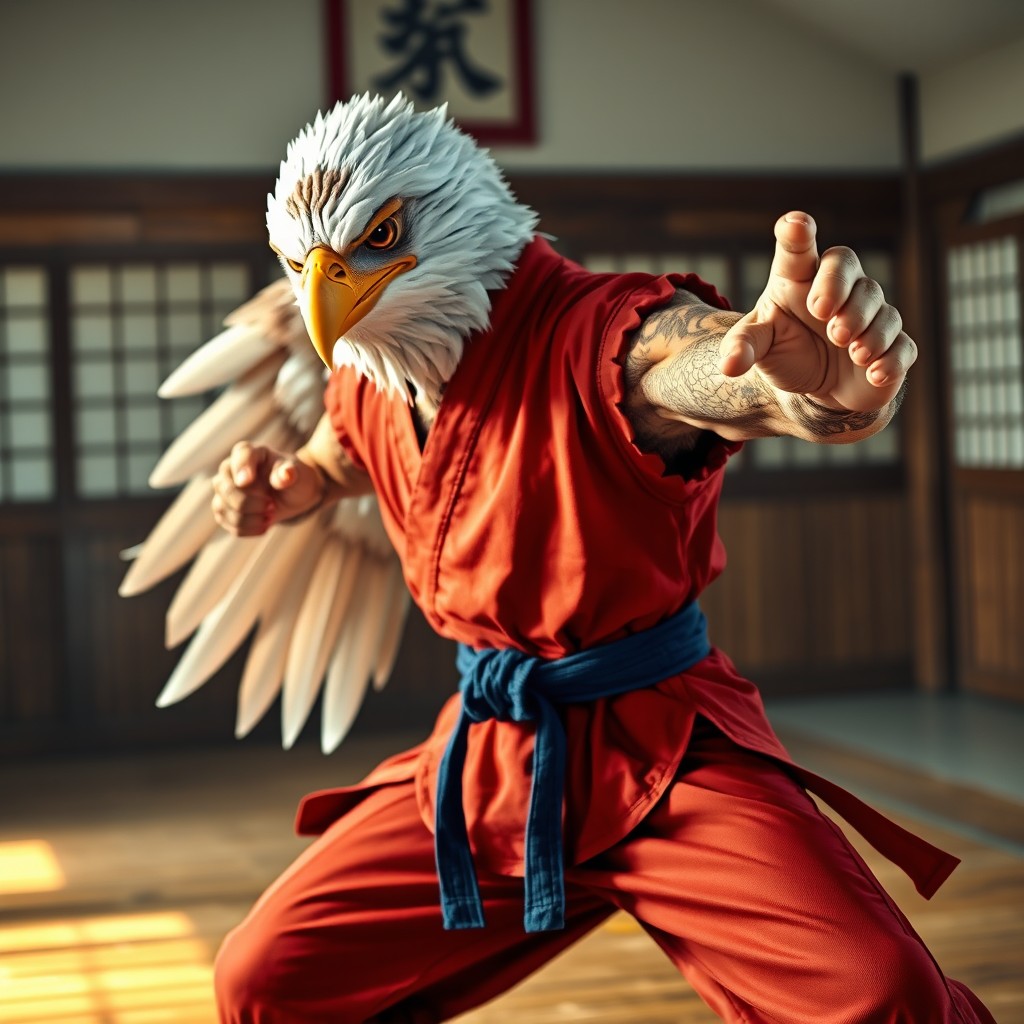 An aarakocra monk with the head of an American bald eagle, striking a dynamic fighting stance