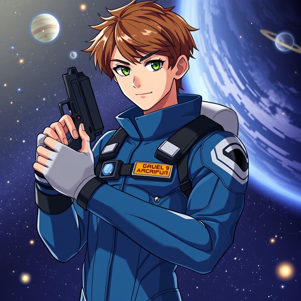A 19-year-old male character with short brown hair and captivating green eyes, displaying a slender build