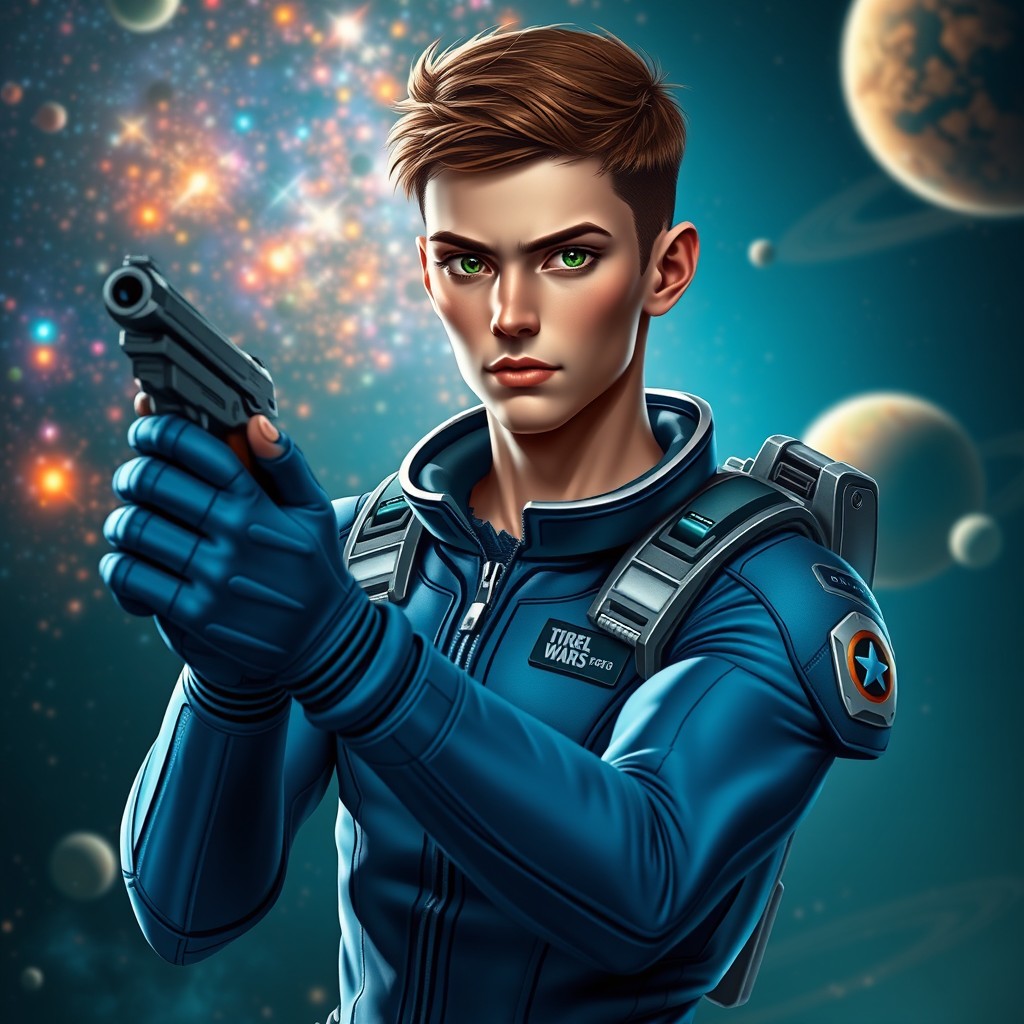 A realistic portrayal of a 19-year-old male with short brown hair and striking green eyes, showcasing a slender build