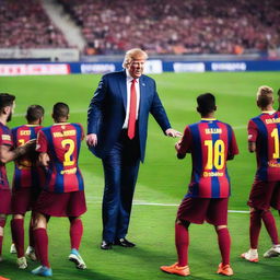 Donald Trump in a FC Barcelona uniform striking a football on a crowded stadium pitch