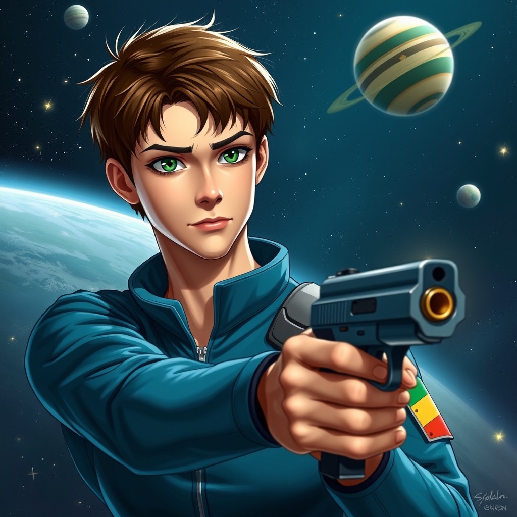 A realistic portrayal of a 19-year-old male with short brown hair and green eyes, featuring a slender build