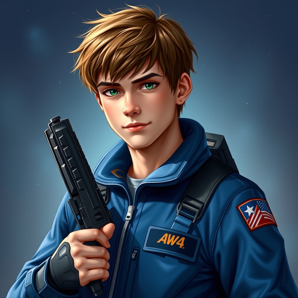 A realistic depiction of a 19-year-old male with short brown hair and green eyes, featuring a slender build