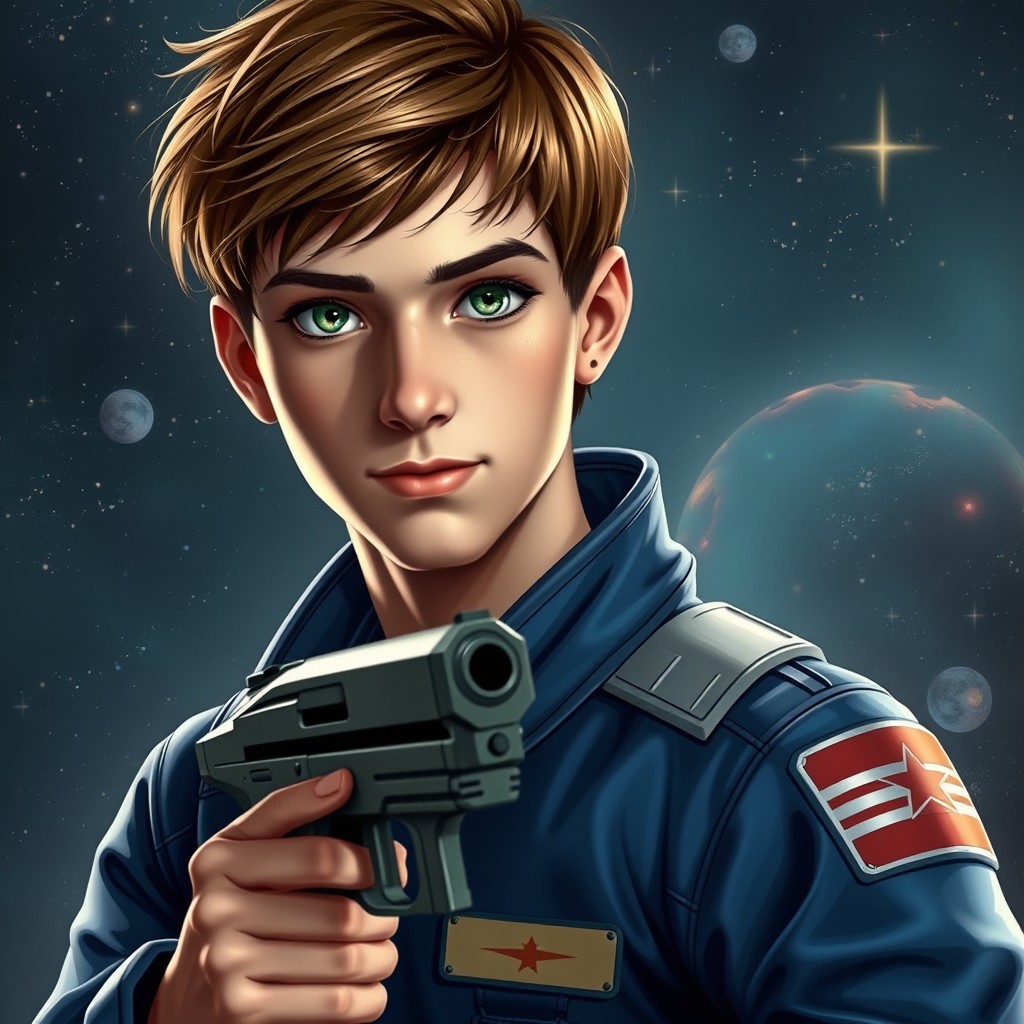 A realistic depiction of a 19-year-old male with short brown hair and captivating green eyes, characterized by a slender build and a pronounced, large jaw