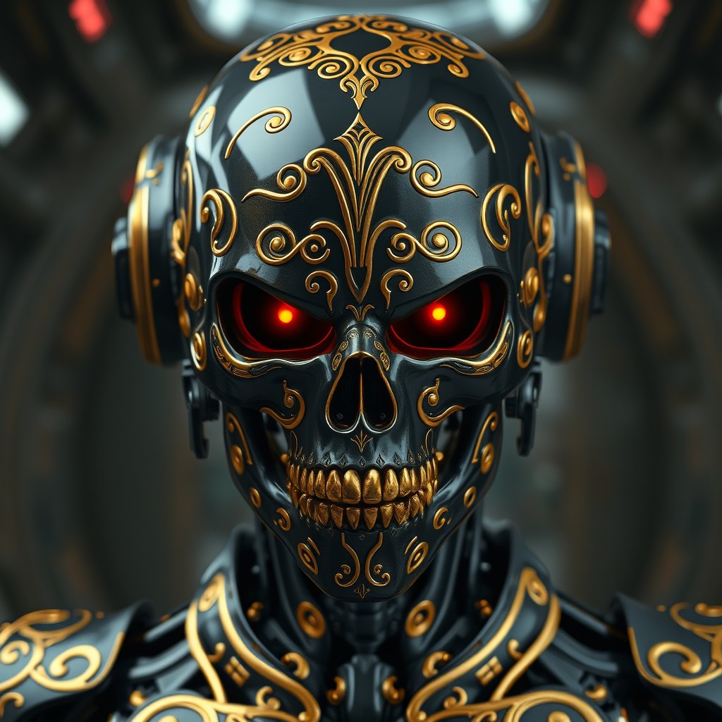 A striking depiction of a black android with intricate golden scrollwork adorning its metallic surface, creating a stunning contrast