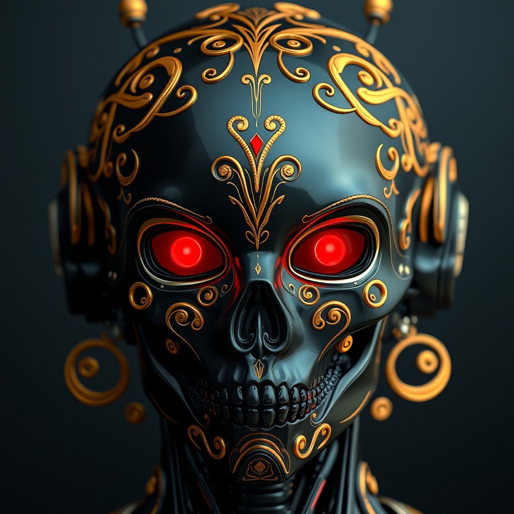 A captivating image of a black android featuring smooth facial contours and a skull-shaped head, intricately designed with golden scrollwork that adds an elegant contrast to its dark metallic surface