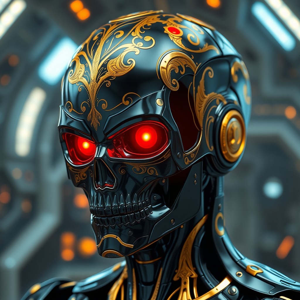 A visually striking image of a male black android characterized by a smooth facial structure and a skull-shaped head, elegantly adorned with intricate golden scrollwork that enhances its metallic finish