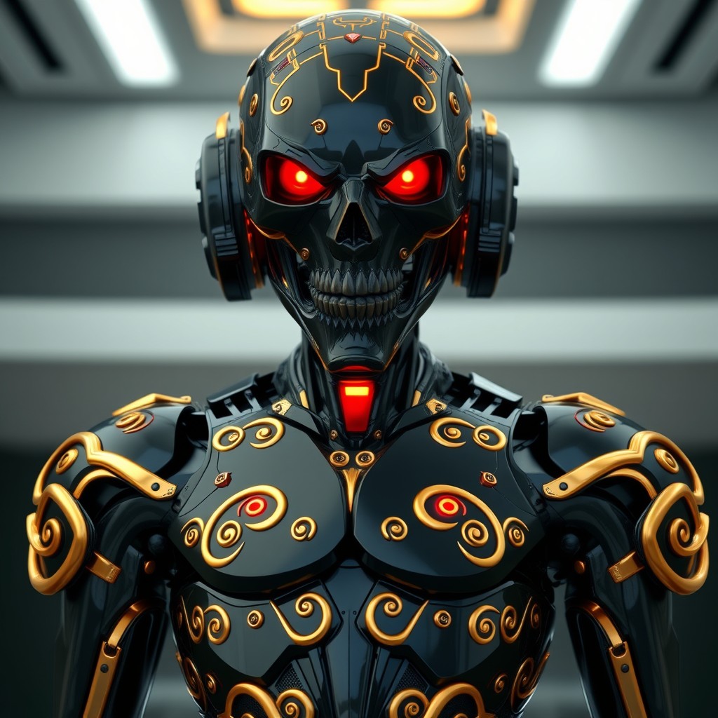 An impressive full-body image of a male black android designed with a skull-shaped head and smooth facial features, intricately detailed with mesmerizing golden scrollwork across its entire metallic body