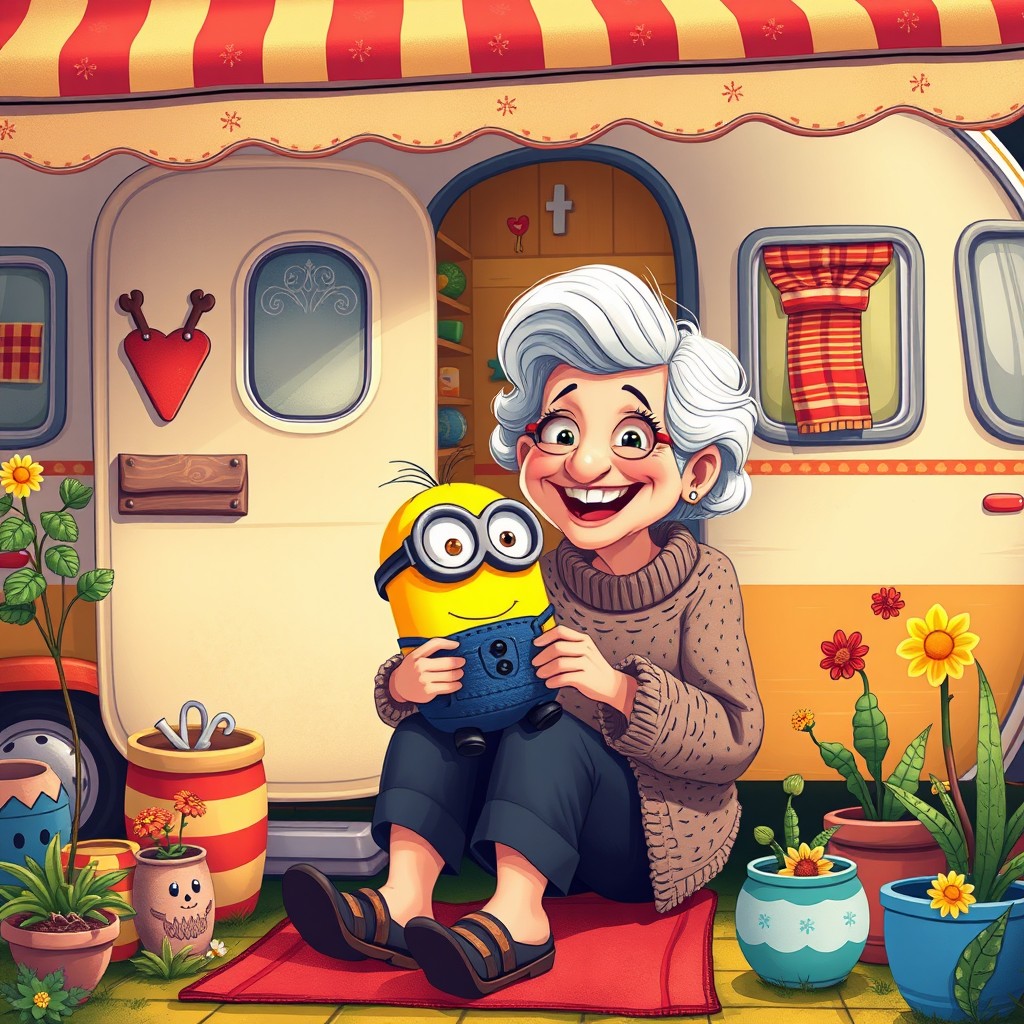 A whimsical illustration of a cartoon grandmother sitting under the awning of a colorful caravan, happily crocheting a minion wearing glasses
