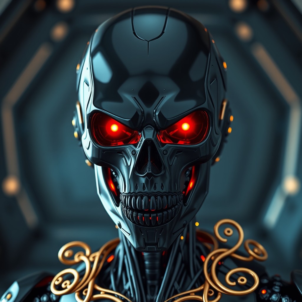 An impressive full-frame image of a male black android with a striking skull-shaped head, featuring a smooth face and fiery red eyes that glow ominously