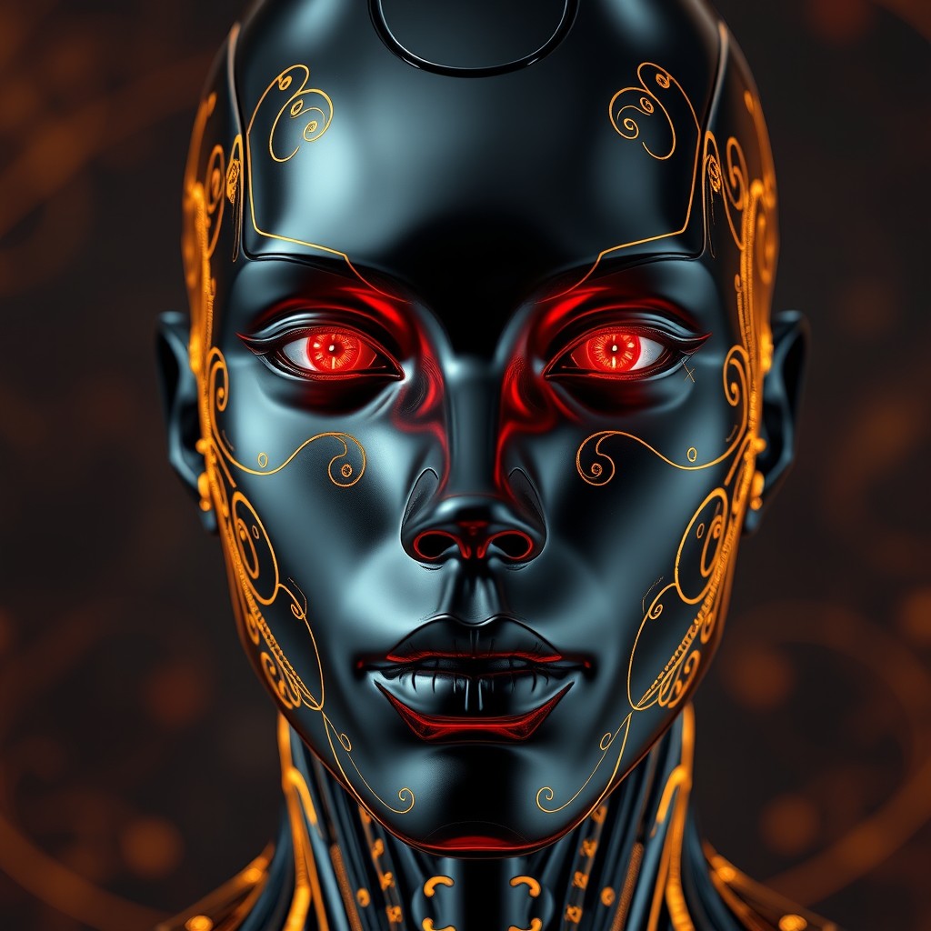An eye-catching full-frame image of a male black android featuring a sleek, smooth face and captivating red eyes that shine with intensity