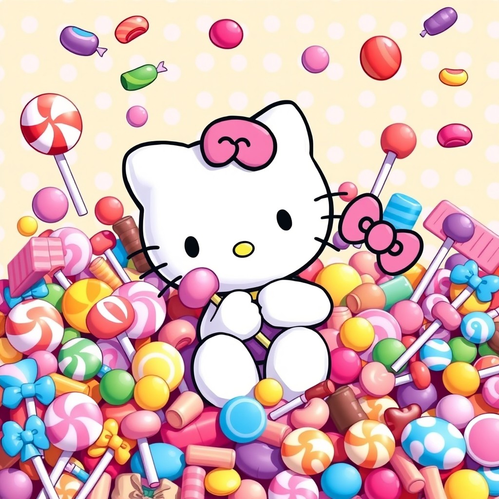 A whimsical and colorful scene featuring Hello Kitty surrounded by an abundance of candy