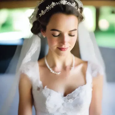 The wedding dress was embellished with an encrustation of delicate lace and pearls.