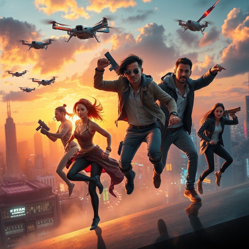 A cinematic movie scene featuring a group of diverse characters embarking on a thrilling adventure in a futuristic city