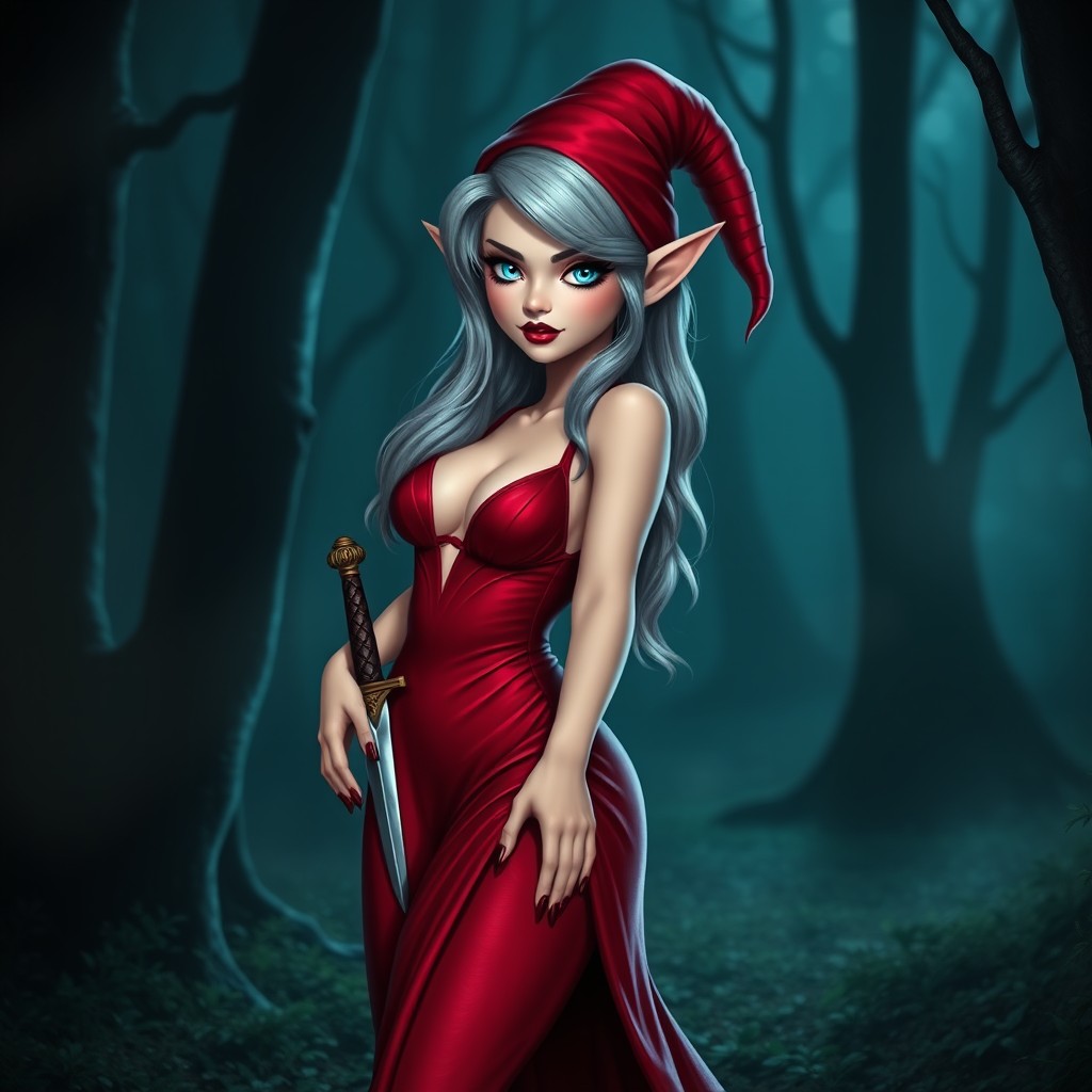 A stunning female gnome with an enchanting appearance, wearing a deep red gown that features a plunging neckline