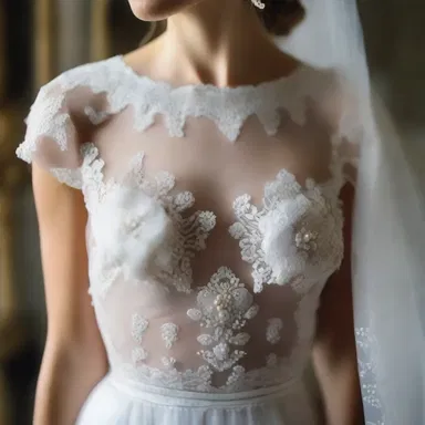 The wedding dress was embellished with an encrustation of delicate lace and pearls.