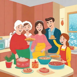 A festive and fun cartoon scene of a family consisting of two parents and their three teenage daughters merrily cooking holiday dishes and sharing presents in a cheery, bright kitchen setting