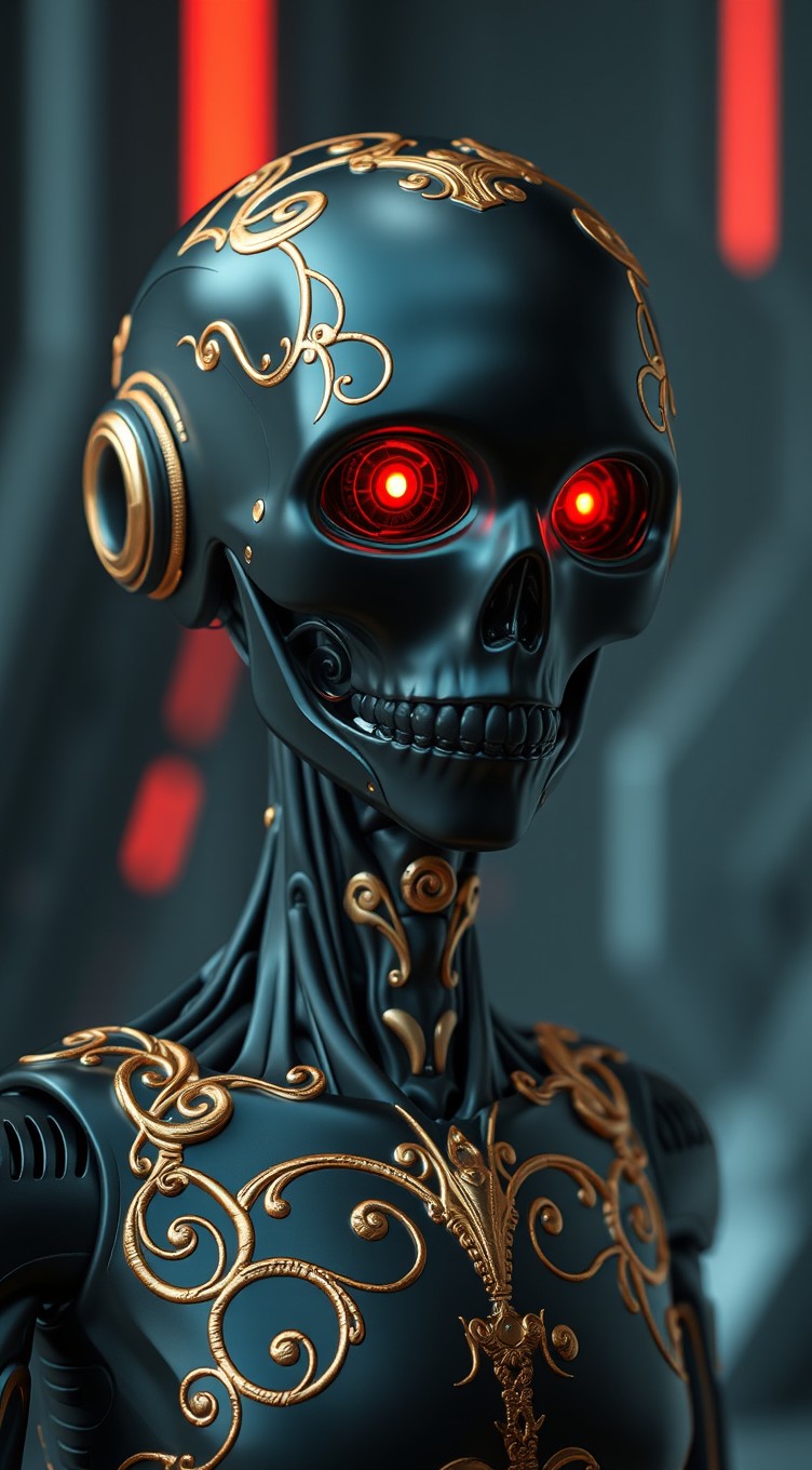 A male black android with a sleek design, featuring intricate thin golden filigree scrollwork throughout its body
