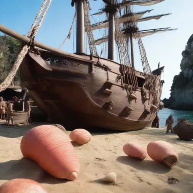 The movie's set design included an encrustation of shells and coral on the pirate ship.